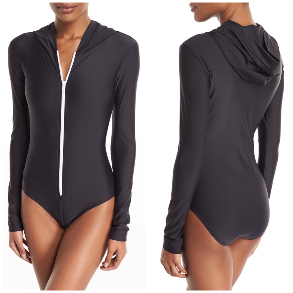 Cover Long Sleeve Rash Guard Swimsuit Black w/White Zipper XS